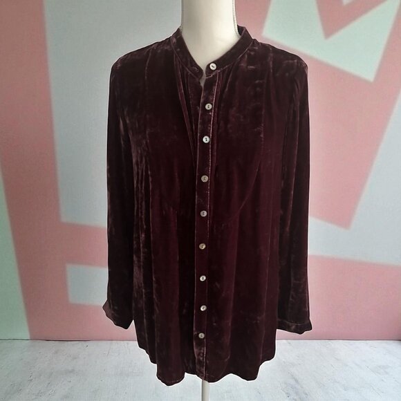 J JILL Purple Plum Crushed Velvet Button Down Tunic Top Size Small Petite - Picture 1 of 7
